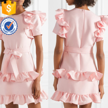 Con volantes de manga corta de algodón rosa mini vestido de verano con la fabricación de arco al por mayor de la moda de las mujeres de prendas de vestir (TA0286D)